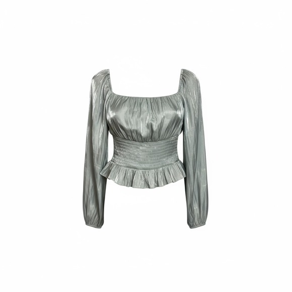 Idem Ditto Ruched Smocked Peplum Square‎ Neck Long Sleeve Metallic Top M (3171) - Picture 2 of 7